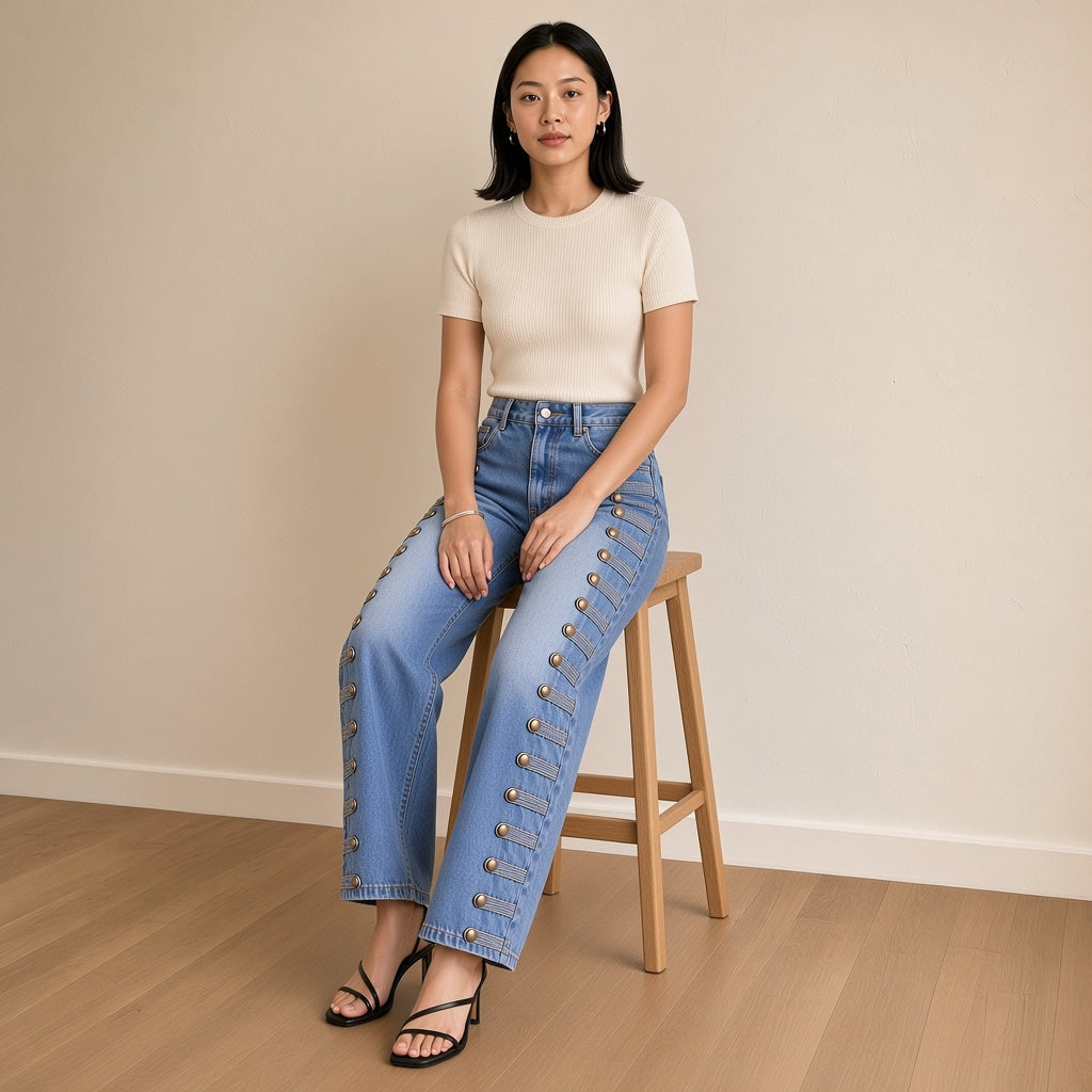 Jean large bleu à boutons porté assise sur un tabouret – SAKIWÉ