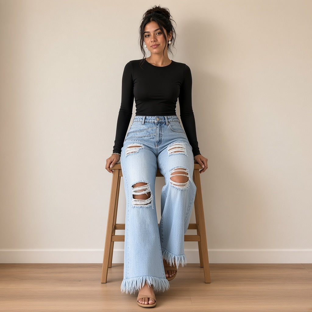 Jean large bleu clair déchiré porté assise sur un tabouret – SAKIWÉ