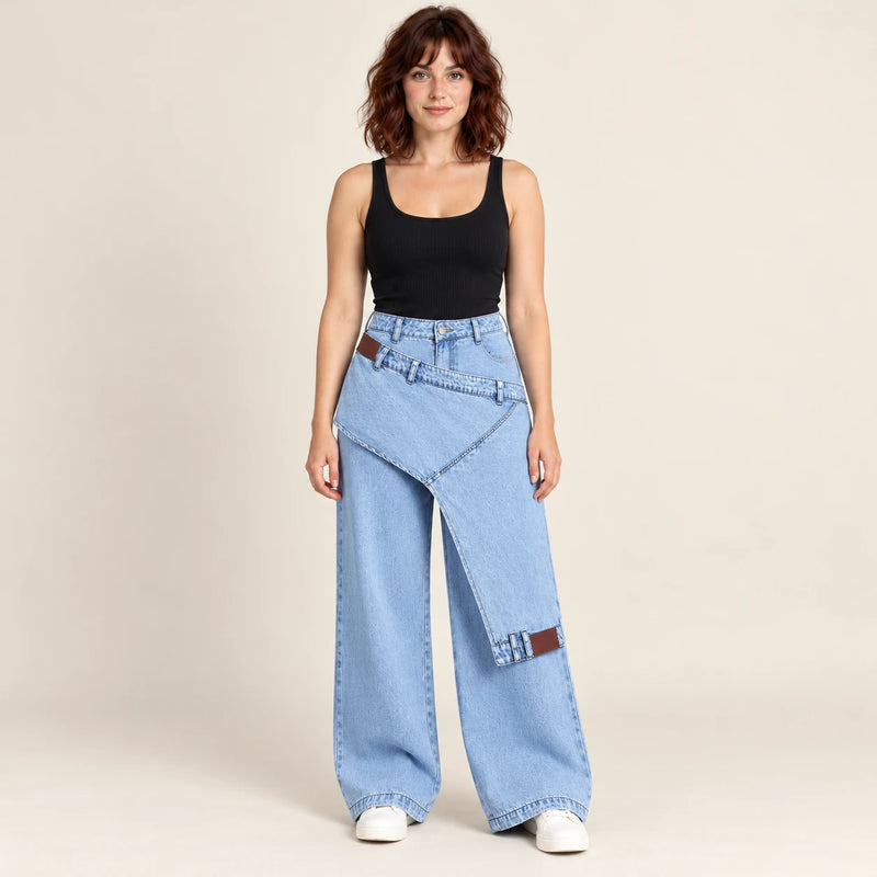 Jean large bleu clair à surpanneau asymétrique, vue de face sur mannequin SAKIWÉ
