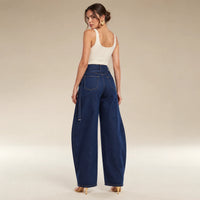 Jean large bleu foncé à lien de taille intégré, vue de face sur mannequin