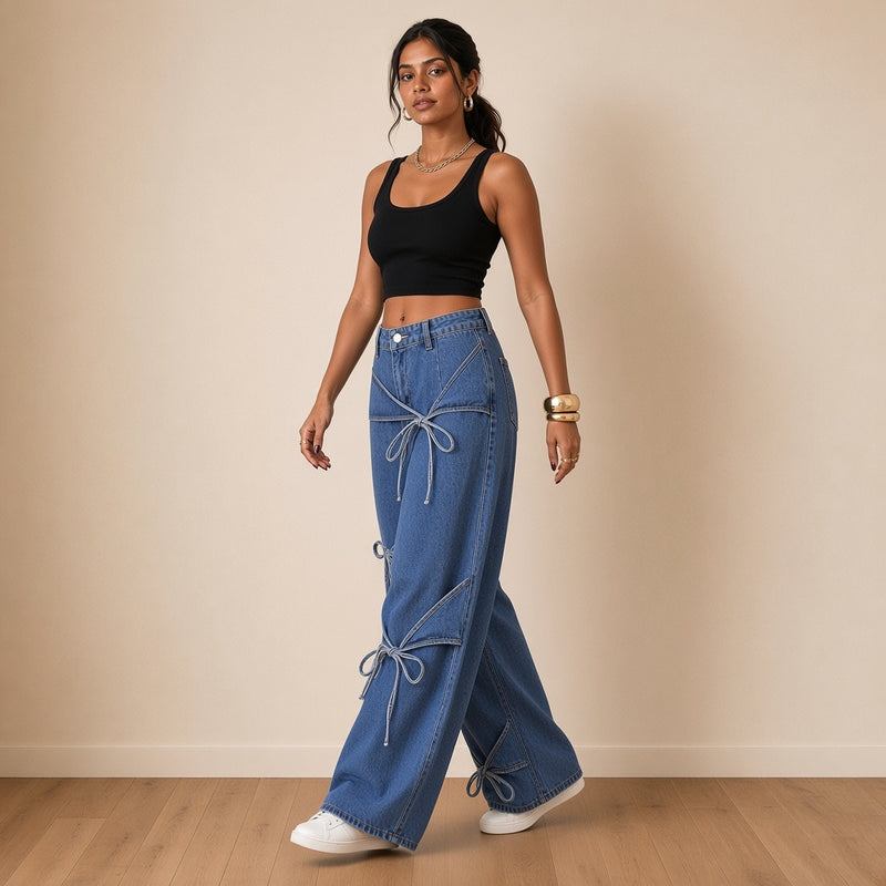 Jean large bleu à nœuds porté en marchant – SAKIWÉ