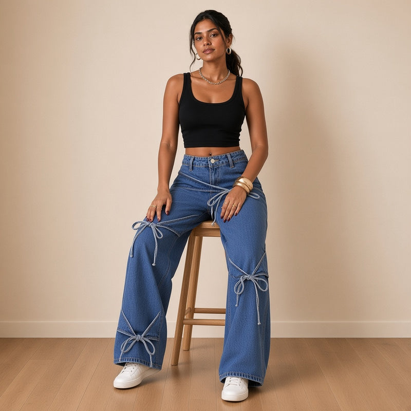 Jean large bleu à nœuds porté assise sur un tabouret – SAKIWÉ