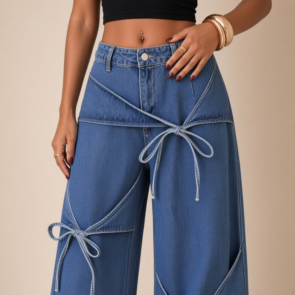 Détail des rabats noués du jean large bleu – SAKIWÉ