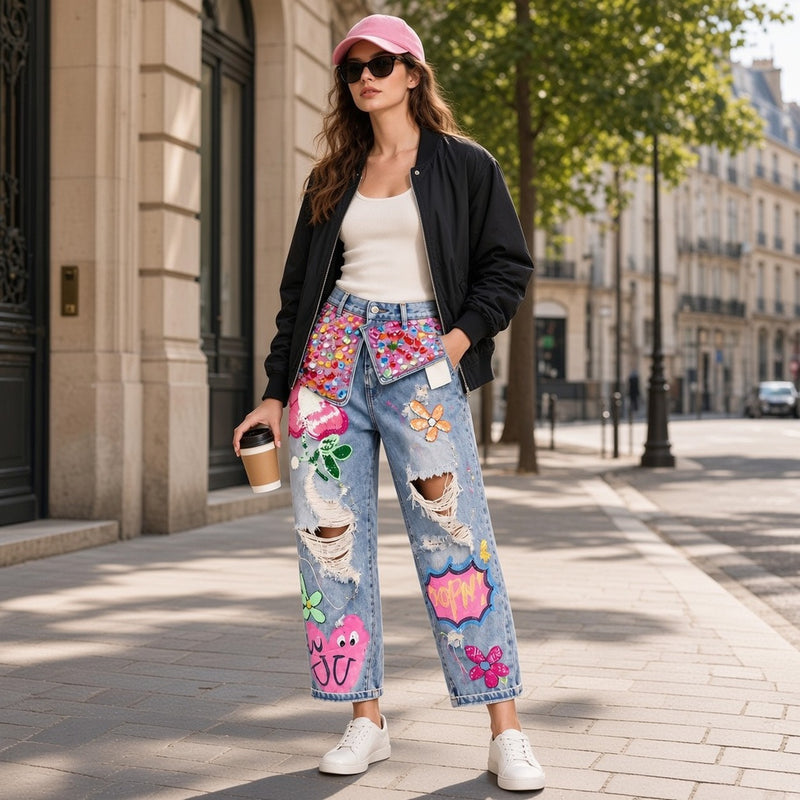 Jean large bleu à patchs brodés et strass porté avec veste noire, casquette rose et lunettes, café à la main en extérieur