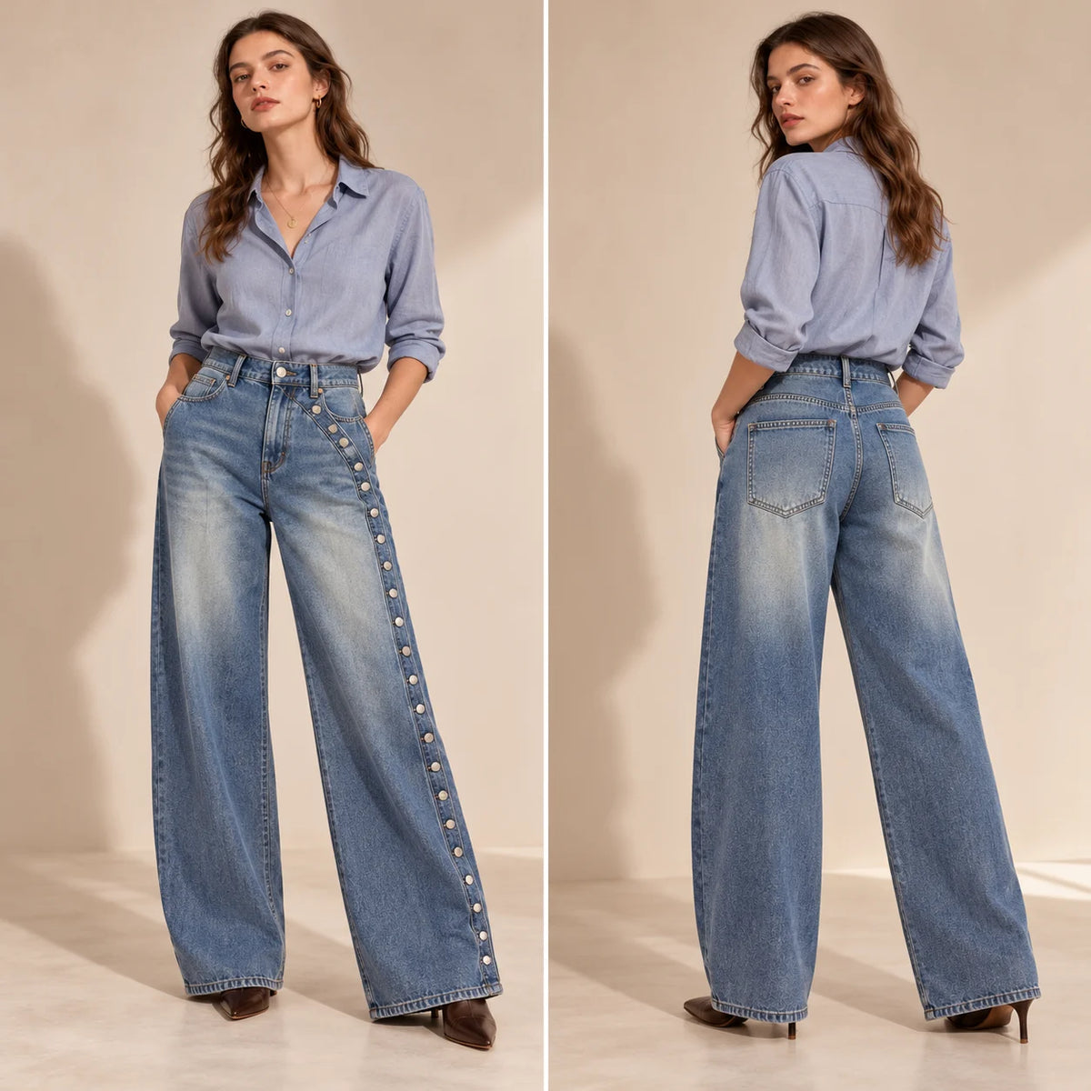Jean large bleu vintage vu de dos avec deux poches plaquées