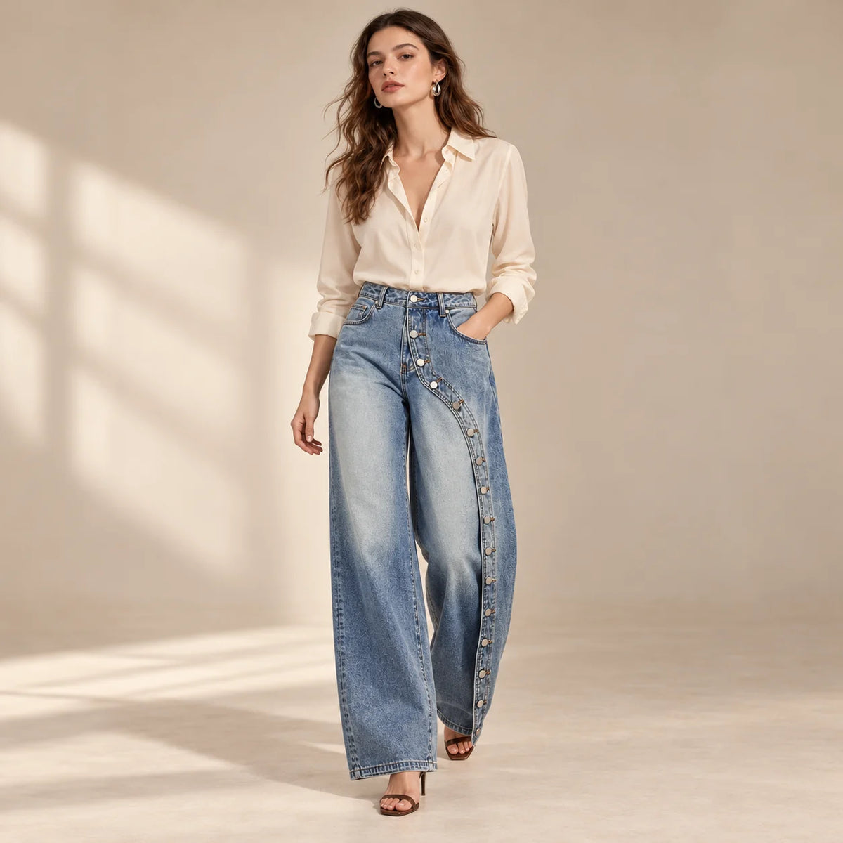 Jean large bleu vintage à rangée de boutons métalliques diagonaux, vue de face