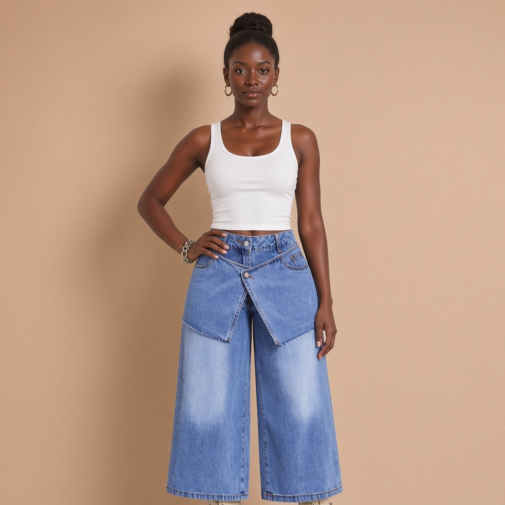 Jean large court bleu à pan croisé, vue mi-corps – SAKIWÉ