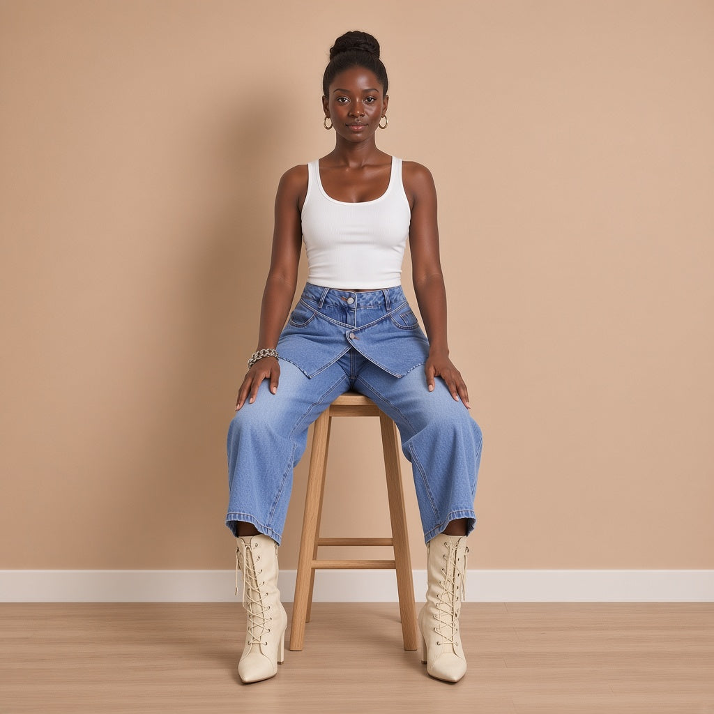 Jean large court bleu porté assise sur un tabouret – SAKIWÉ