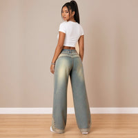 Jean large bleu vintage, vue de dos avec ceinture élastiquée – SAKIWÉ