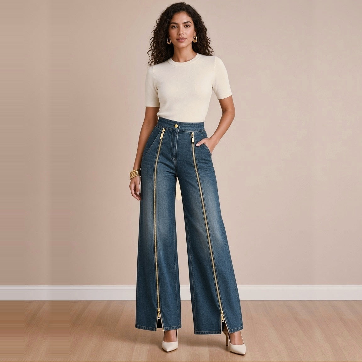 Jean large indigo taille haute à zips dorés, vue de face – SAKIWÉ