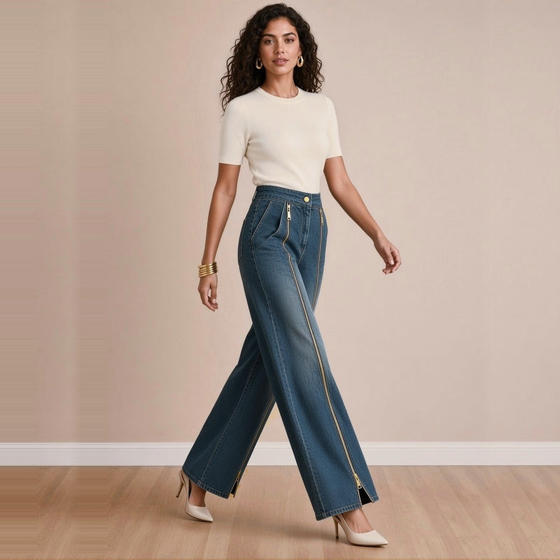 Jean large indigo à zips dorés porté en marchant – SAKIWÉ