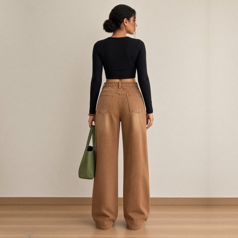 Jean large marron à étoiles effilochées, vue de dos – SAKIWÉ