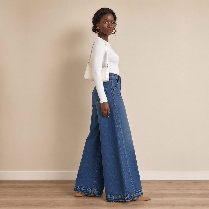Jean large taille haute à ourlets bruts, vue de profil – SAKIWÉ