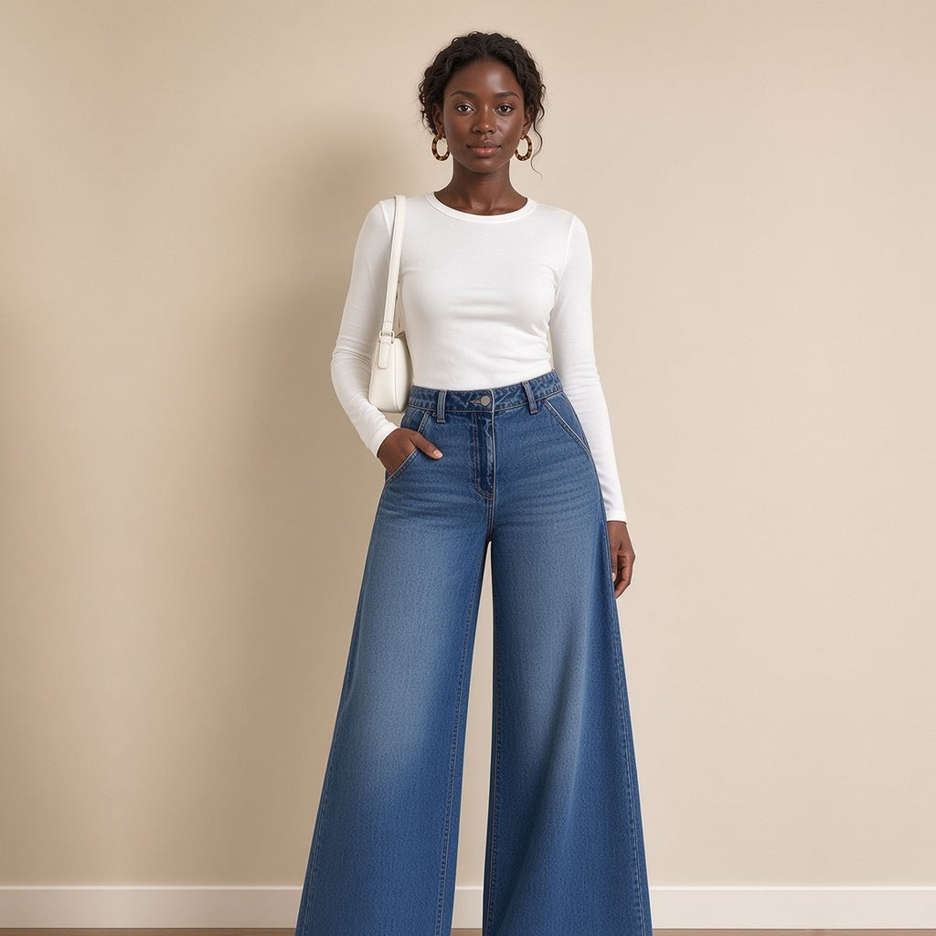 Jean large taille haute à ourlets bruts porté, plan jusqu'aux genoux – SAKIWÉ