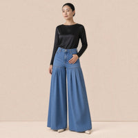 Jean palazzo taille haute à jambes extra-larges plissées, bleu délavé