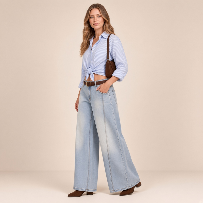 Jean bas large, taille basse – vue trois-quarts
