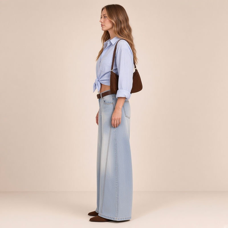 Jean bas large, taille basse – vue de profil