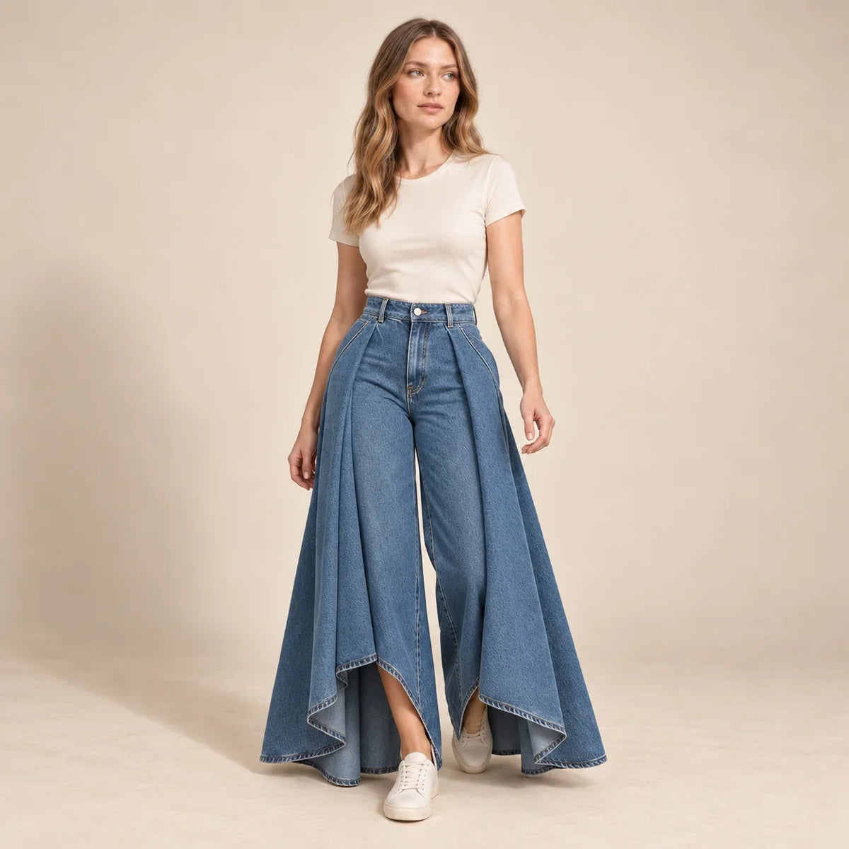 Jean femme très évasé à plis drapés bleu, vue de face