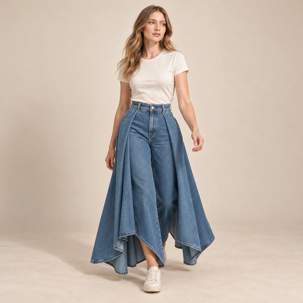 Jean femme très évasé à plis drapés bleu, vue en mouvement