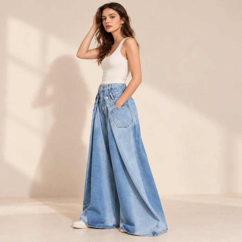 Jean ultra large bleu clair à double ceinture, vue de profil