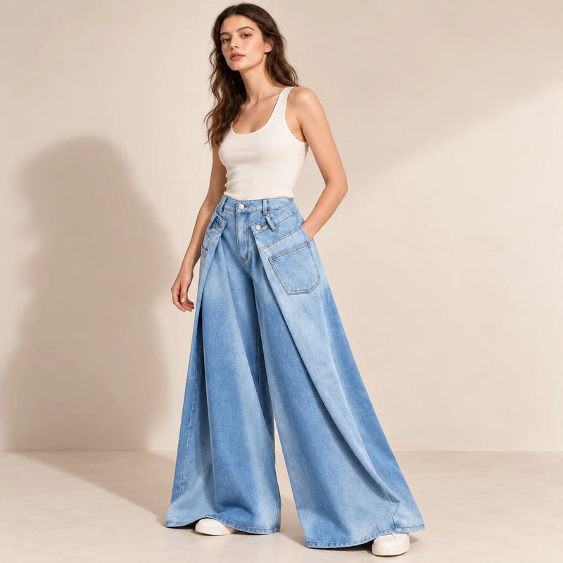 Jean ultra large bleu clair à double ceinture, vue de trois quarts