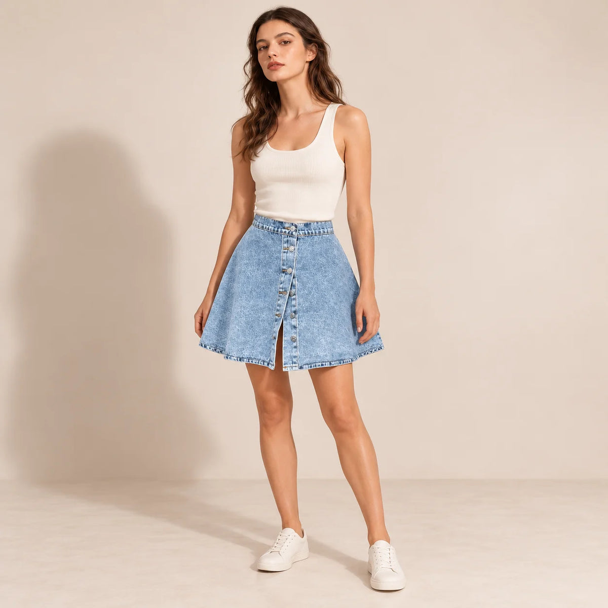 Jupe courte en jean bleu délavé évasée à boutons, vue de face