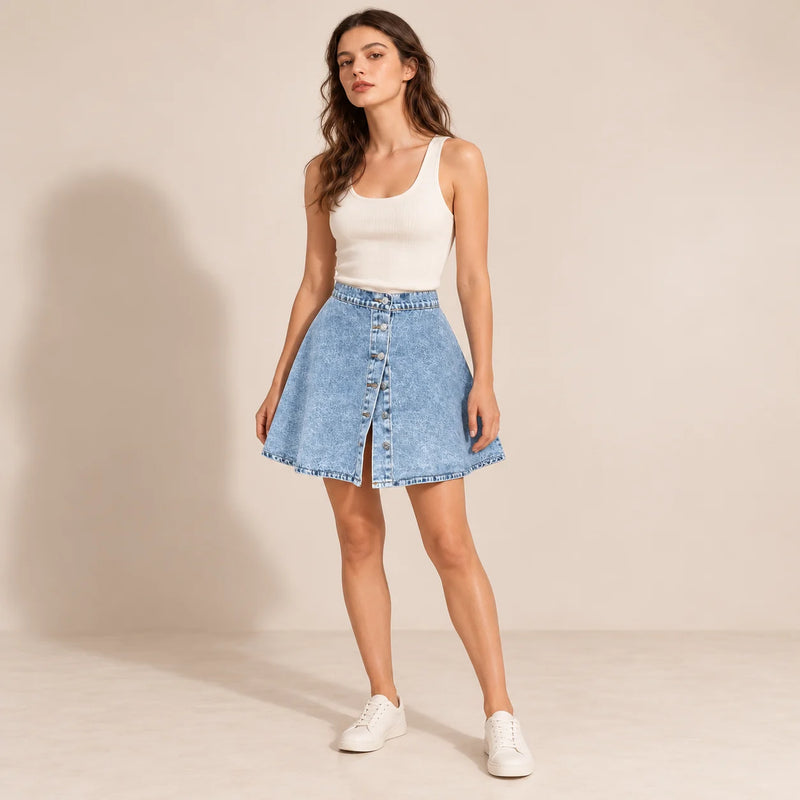 Jupe courte en jean bleu délavé évasée à boutons, vue de face