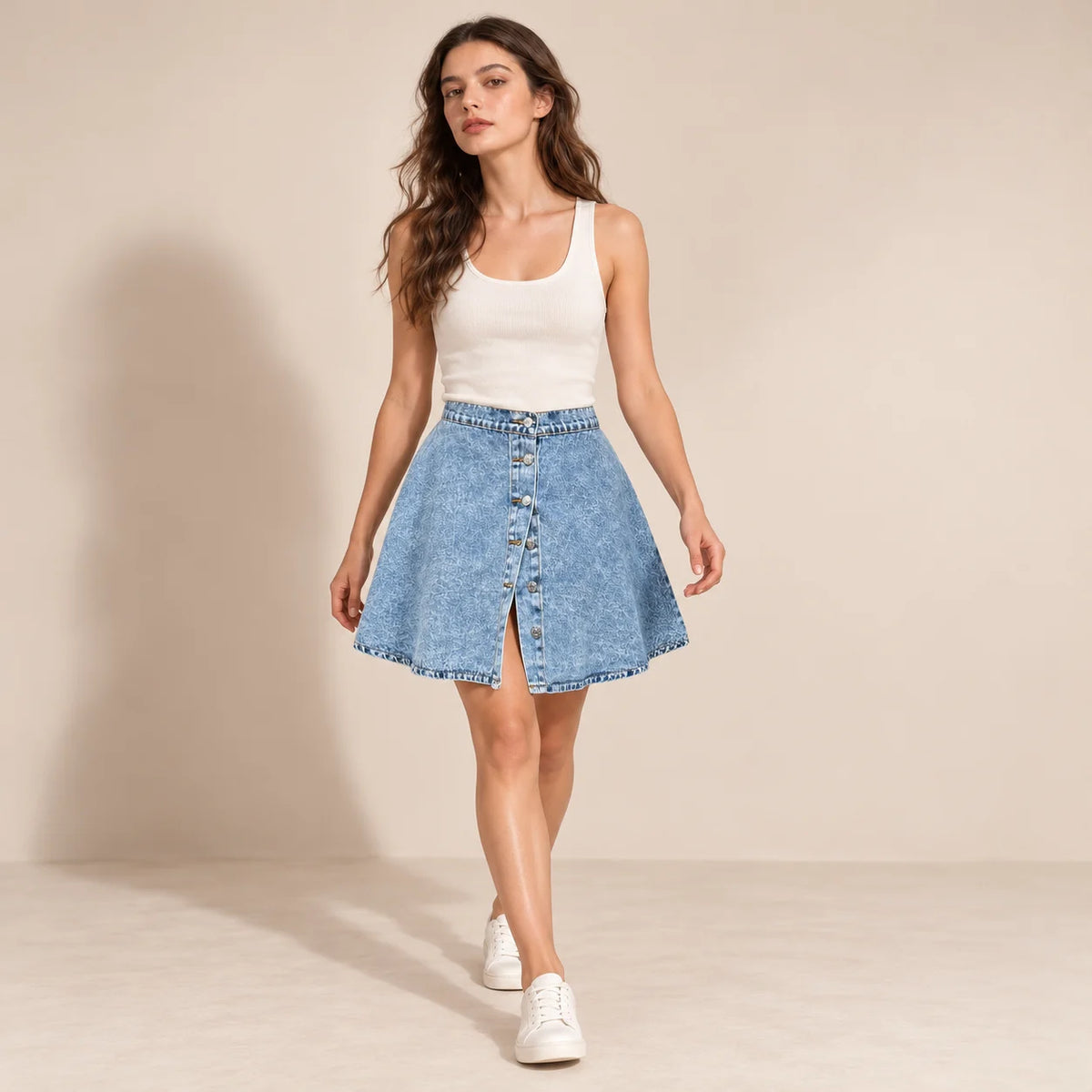 Jupe courte en jean bleu délavé à boutons portée en marche