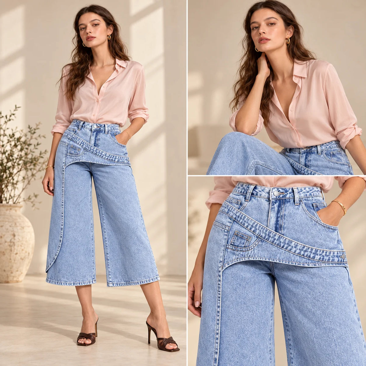 Détail du panneau diagonal et de la poche apparente sur la jupe-culotte en jean