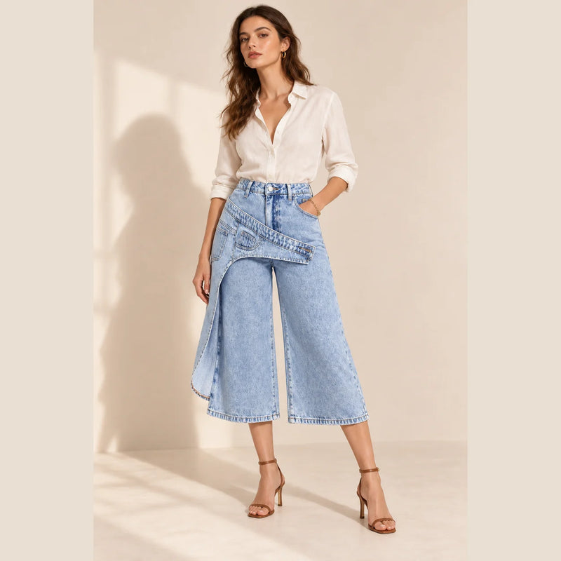 Jupe-culotte en jean bleu délavé à panneau asymétrique, vue de face