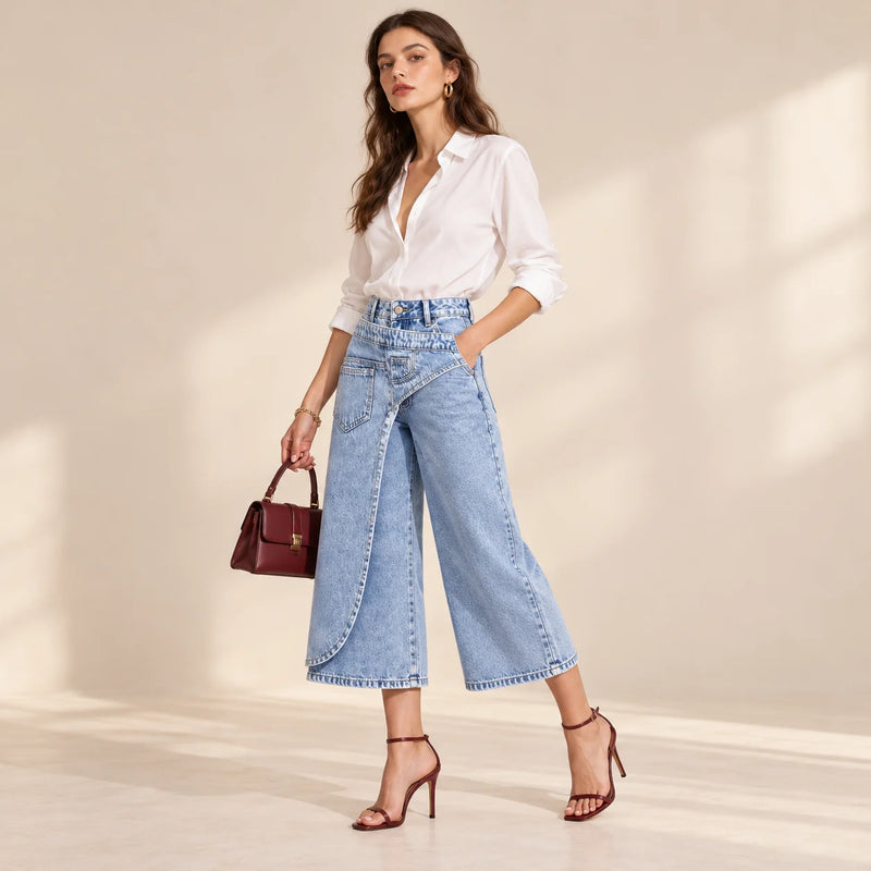 Jupe-culotte bleu délavé avec panneau denim superposé, vue de côté