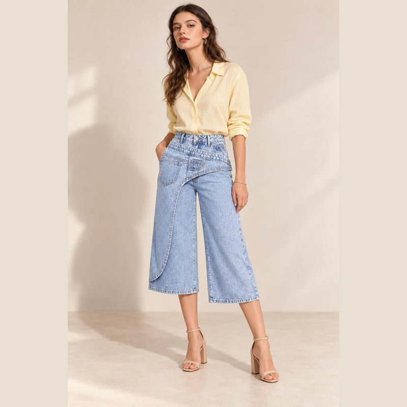 Jupe-culotte en jean à jambes larges et longueur mi-mollet, silhouette complète