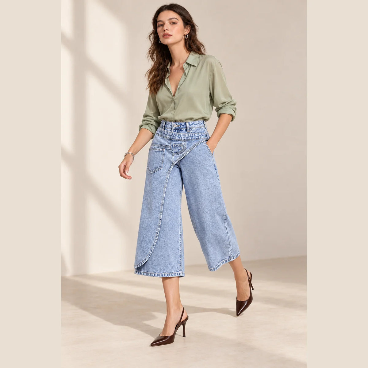 Jupe-culotte en denim bleu délavé avec panneau croisé, vue de trois quarts