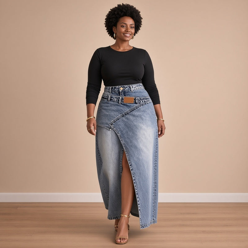 Jupe longue en jean fendue à taille croisée, bleu, vue de face en marchant – SAKIWÉ