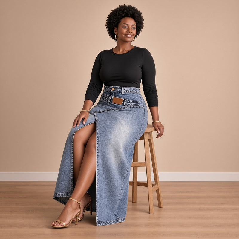 Jupe longue en jean fendue à taille croisée, bleu, assise sur un tabouret, fente ouverte – SAKIWÉ