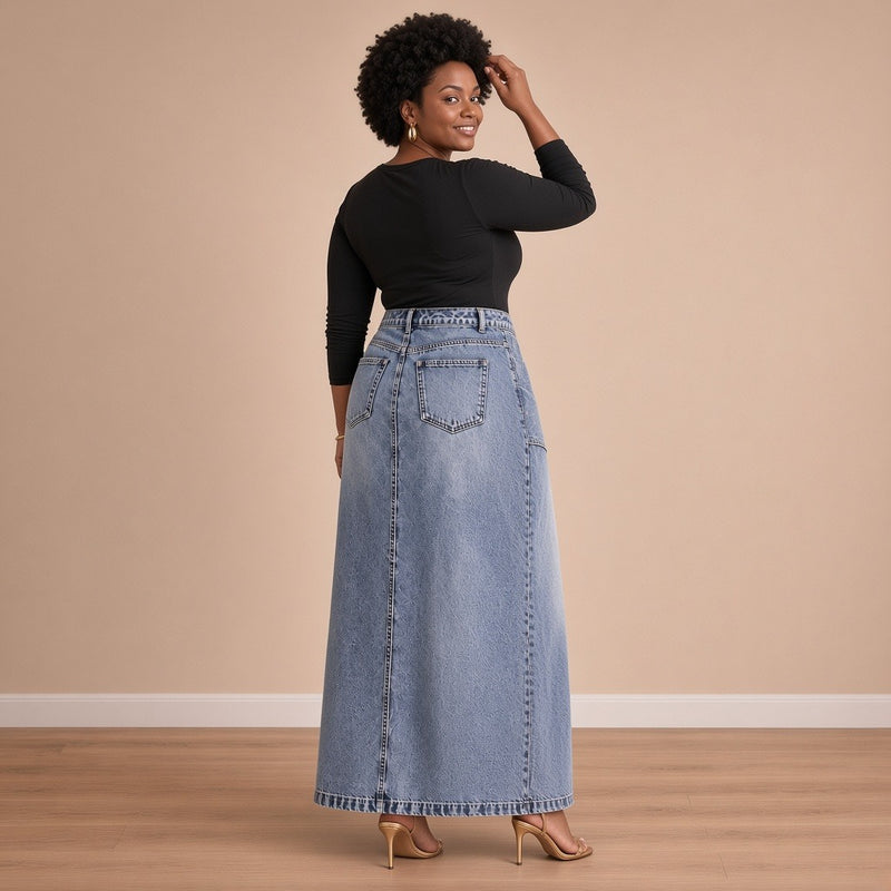 Jupe longue en jean fendue à taille croisée, bleu, vue de dos – SAKIWÉ