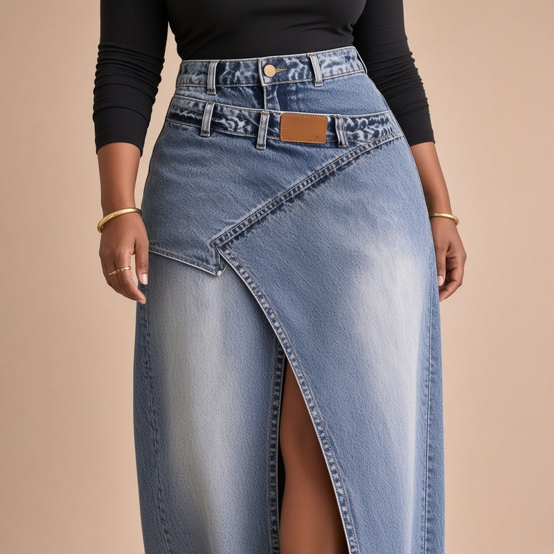 Jupe longue en jean fendue à taille croisée, bleu, détail de la taille croisée et de l’étiquette – SAKIWÉ