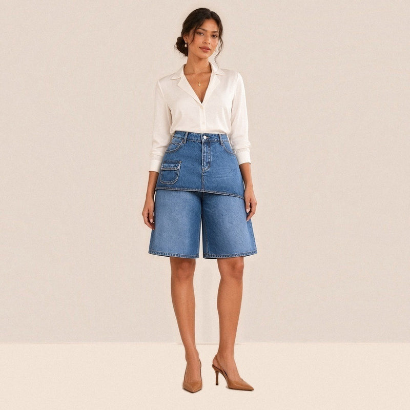 Jupe-short en jean bleu taille haute à pan superposé, vue de face, portée avec un chemisier en satin blanc