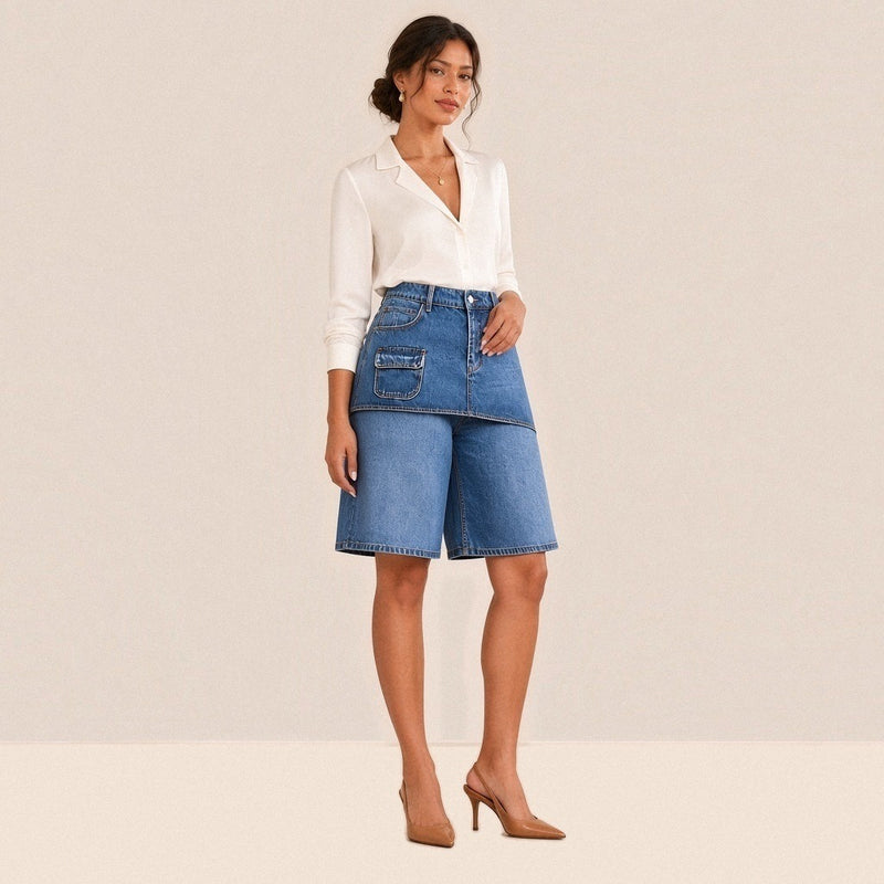 Jupe-short en jean bleu de trois quarts, pan façon jupe et poche à rabat