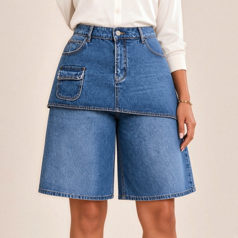Détail de la jupe-short en jean bleu : ceinture à passants, pan superposé et poche à rabat