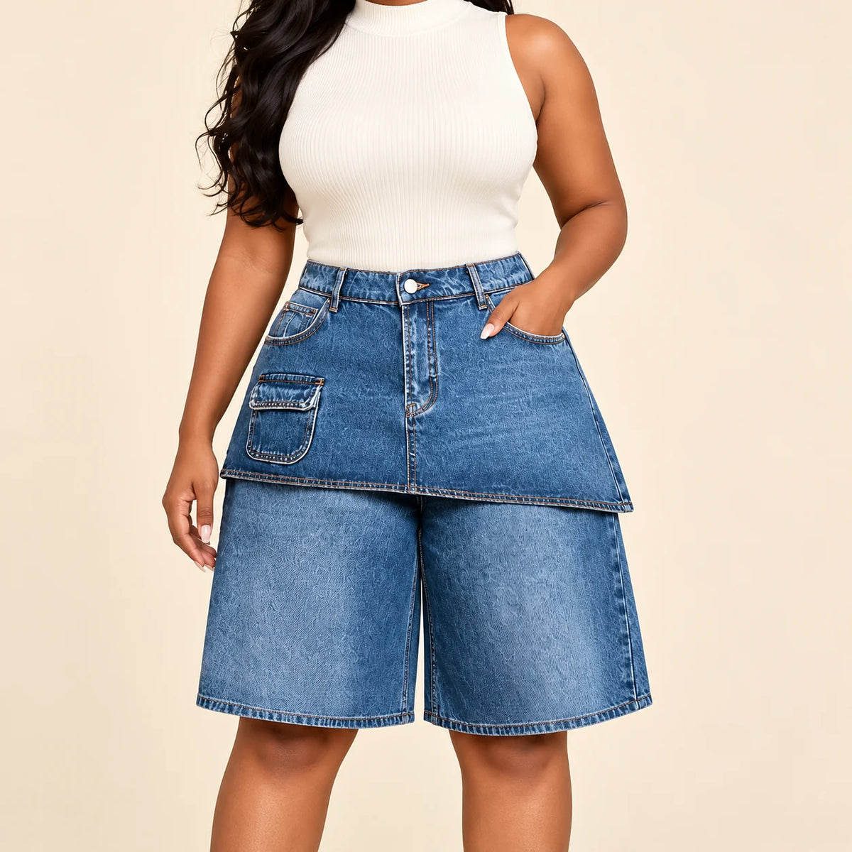 Jupe-short en jean femme taille haute SAKIWE, coloris bleu, vue detail