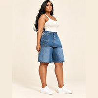 Jupe-short en jean femme taille haute SAKIWE, coloris bleu, vue profil