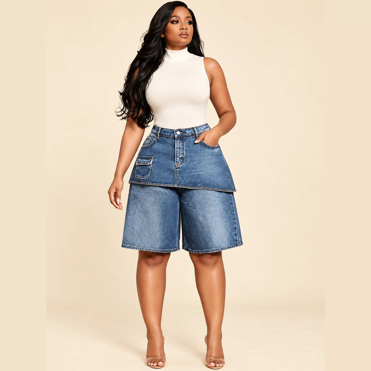 Jupe-short en jean femme taille haute SAKIWE, coloris bleu, vue trois-quarts