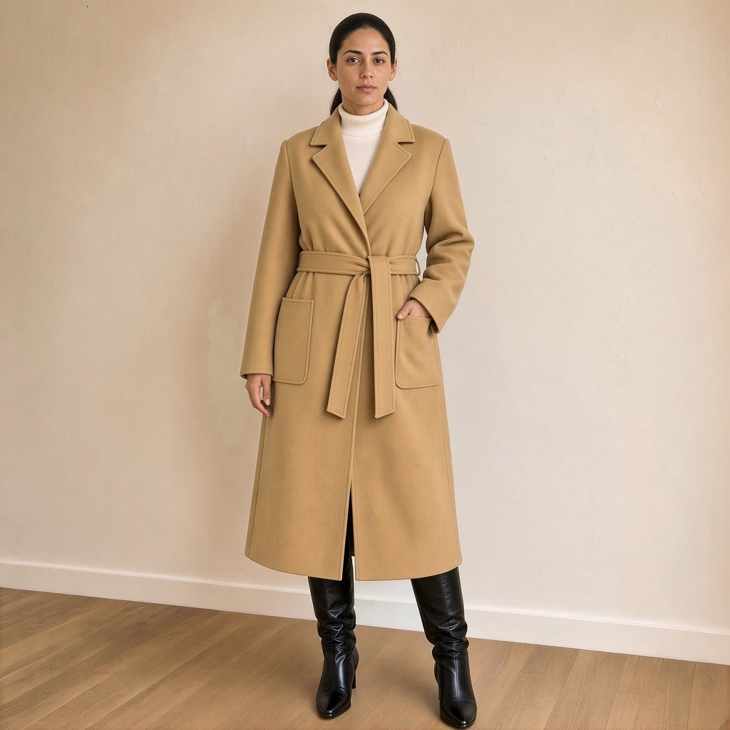 Manteau long ceinturé à revers crantés, camel, vue de face – SAKIWÉ
