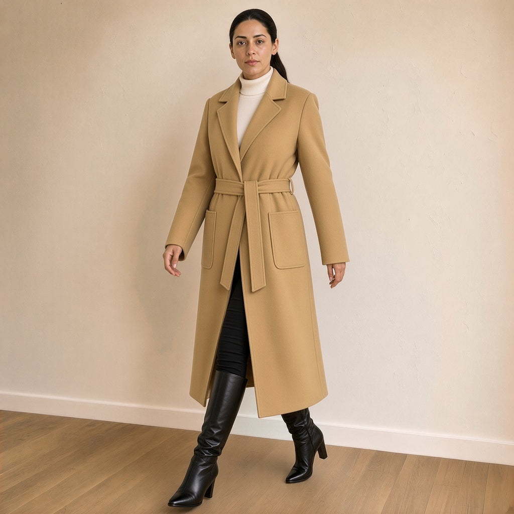 Manteau long ceinturé à revers crantés, camel, en marchant – SAKIWÉ