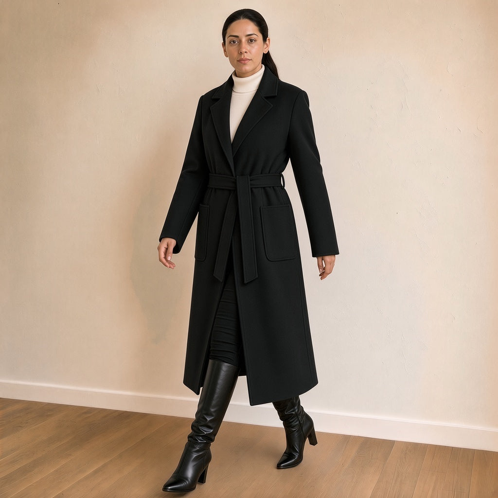 Manteau long ceinturé à revers crantés, noir, en marchant – SAKIWÉ