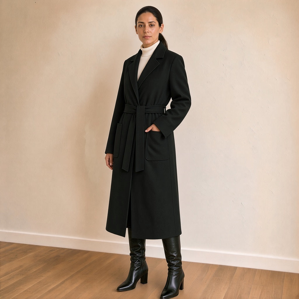 Manteau long ceinturé à revers crantés, noir, vue de trois quarts – SAKIWÉ