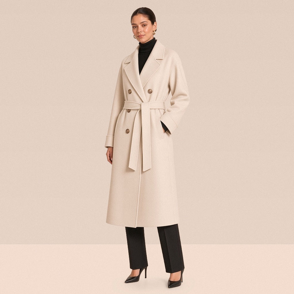 Manteau long croisé ceinturé en laine double face, blanc, vue de trois quarts – SAKIWÉ