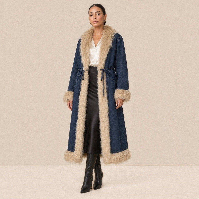 Manteau long en jean SAKIWE bordé de fausse fourrure beige, porté de face noué à la taille sur un chemisier en satin ivoire