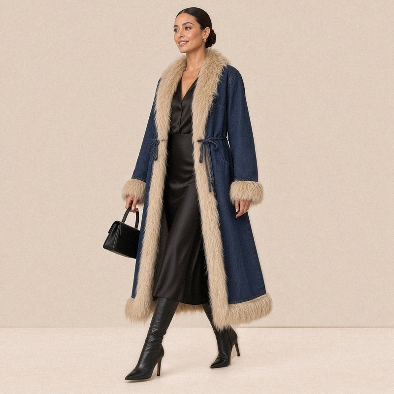 Manteau long en jean et fausse fourrure SAKIWE porté ouvert en marchant sur un body et une jupe en satin noir